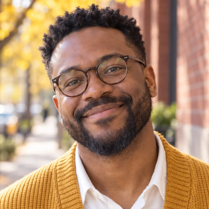 Jules Okafor, smiling, in round glasses and a mustard cardigan