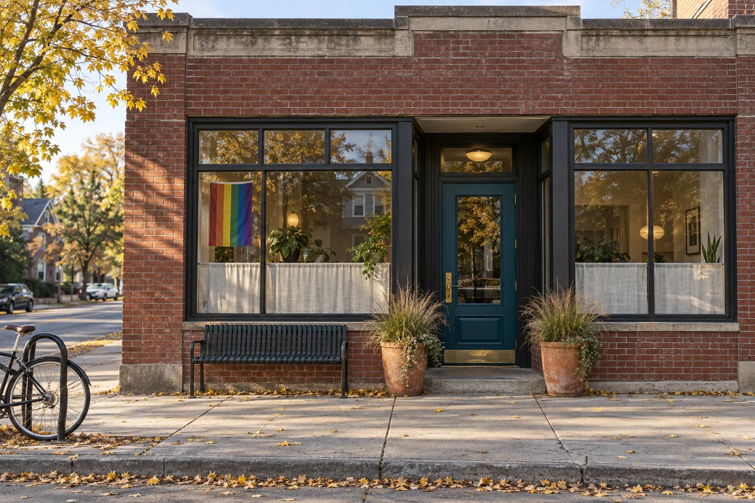 The clinic entrance: a one-story red-brick building with big black-framed windows, a deep teal door between two pots of grasses, a bench out front and a rainbow flag in the window